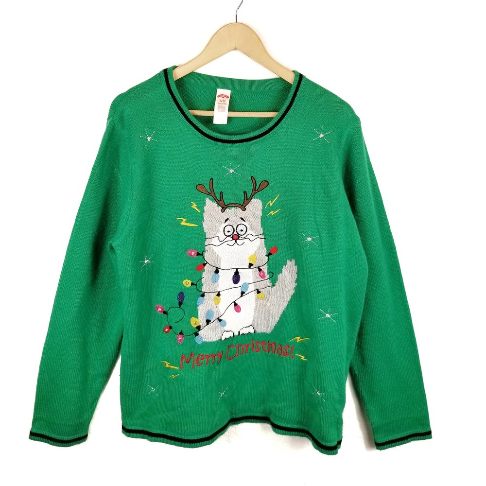 Holiday Time Ugly Christmas Sweater Cat Green Size XL